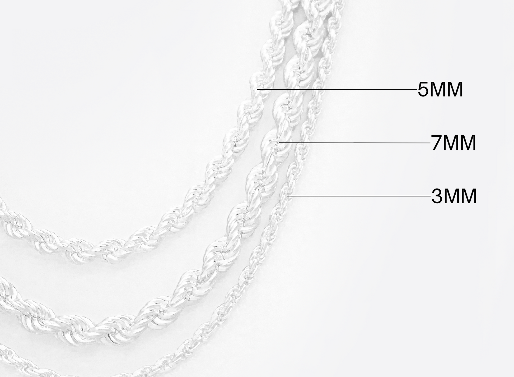 Three silver chains of different thicknesses labeled with measurements on a white background