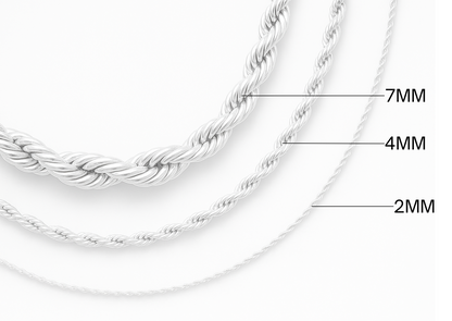 Three silver chains of different thicknesses on a white background