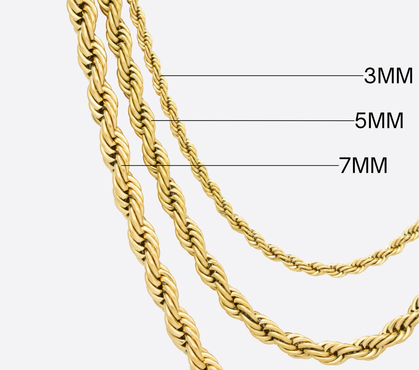 Three gold rope chains of different thicknesses labeled on a white background