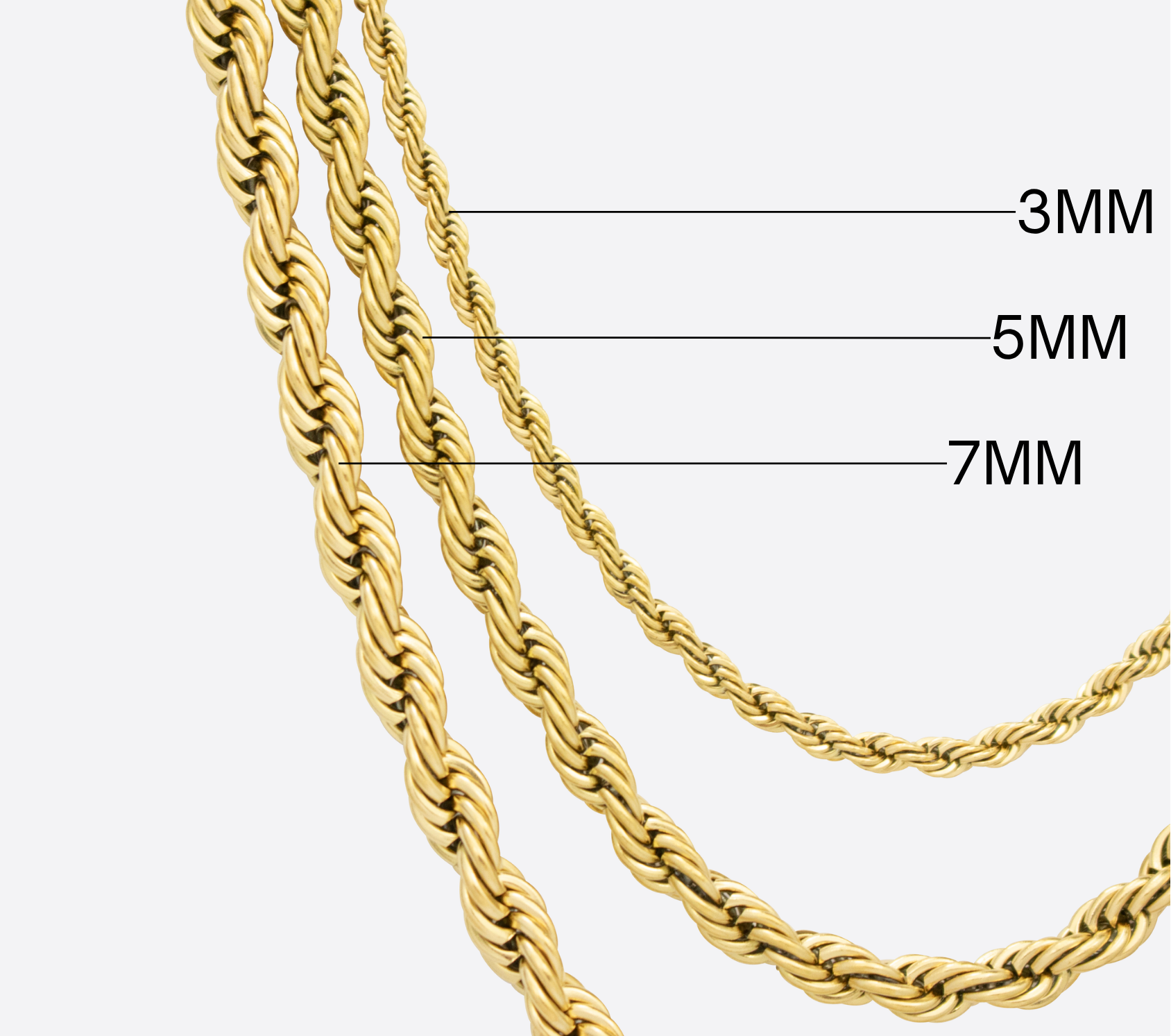 Three gold rope chains of different thicknesses labeled on a white background